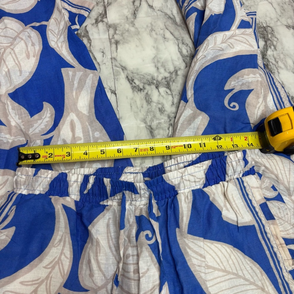 Rachel Zoe Blue Tan leaf Pattern wide leg high rise Linen Blend Pants small - Picture 3 of 7